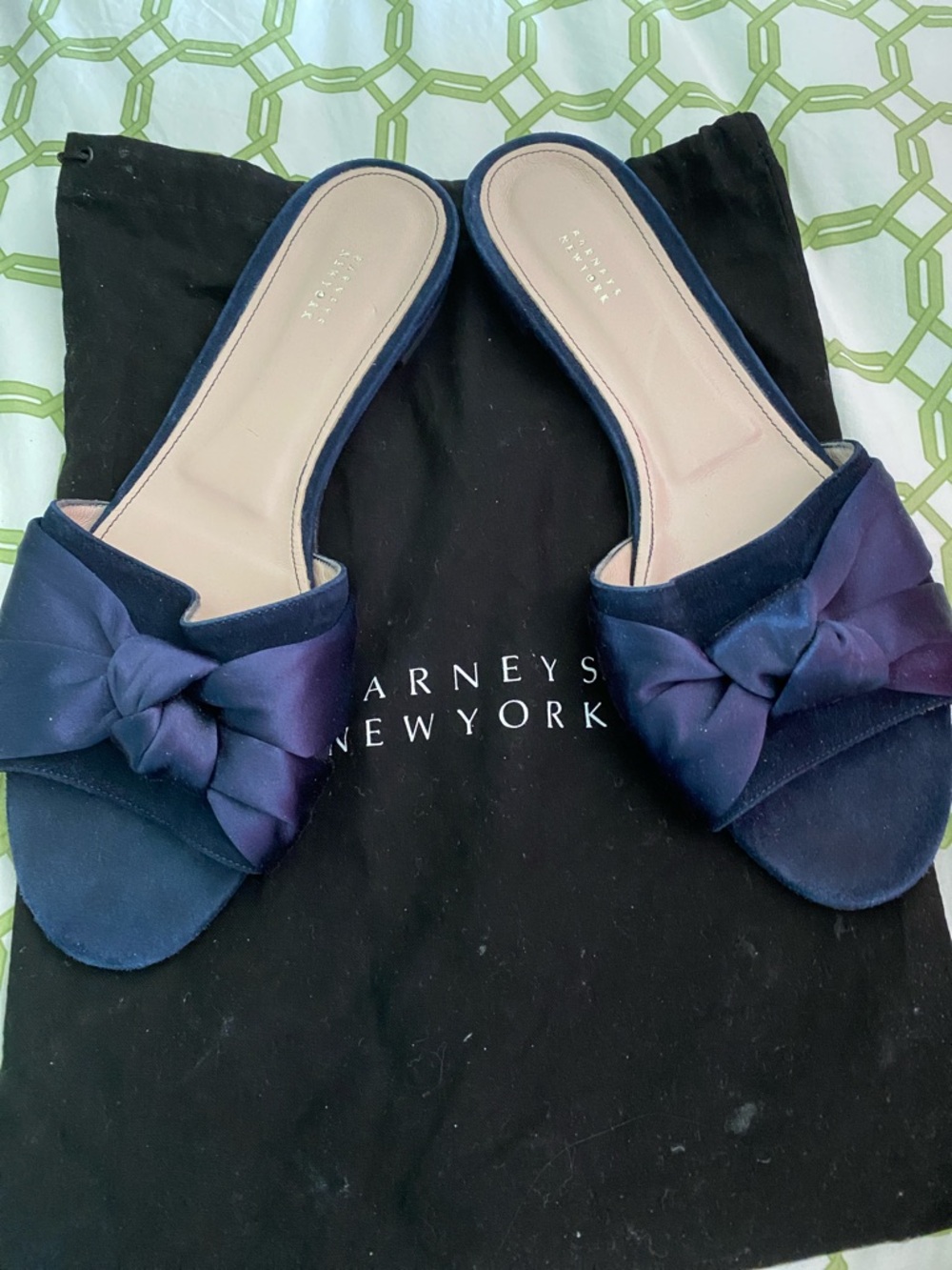 Barneys New York Navy Satin Knot Slide Mules Leather Soles, with Barney’s Bag